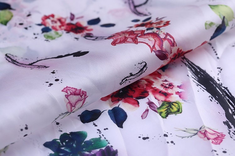 SHENXIA - 14 momme Floral Print Silk Organza Satin Fabric - 138cm wide by the Yard