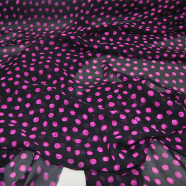 PINKA - 10 Momme Pink Polka Dots on Black Silk Georgette Fabric - 138cm by the yard