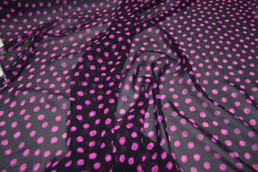 PINKA - 10 Momme Pink Polka Dots on Black Silk Georgette Fabric - 138cm by the yard