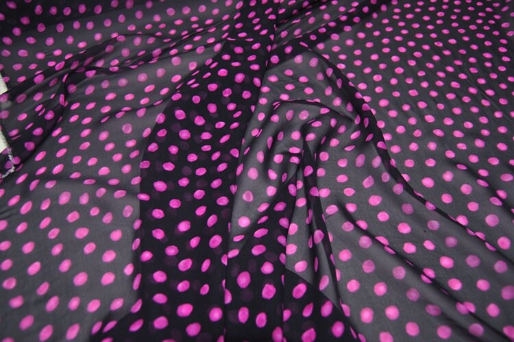 PINKA - 10 Momme Pink Polka Dots on Black Silk Georgette Fabric - 138cm by the yard