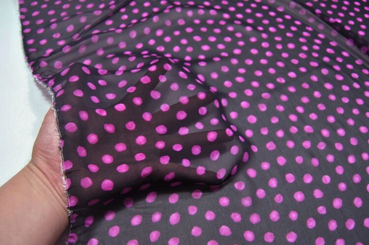 PINKA - 10 Momme Pink Polka Dots on Black Silk Georgette Fabric - 138cm by the yard