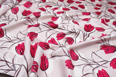 Red Tulip Print Mulberry Silk Wool Cotton Fabric - 135cm wide by the Yard