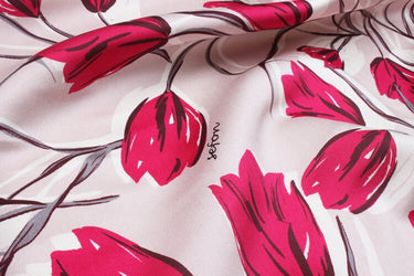 Red Tulip Print Mulberry Silk Wool Cotton Fabric - 135cm wide by the Yard