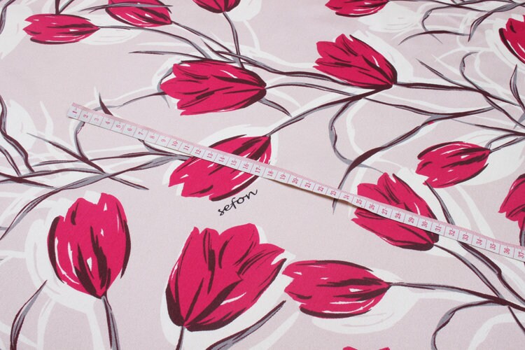 Red Tulip Print Mulberry Silk Wool Cotton Fabric - 135cm wide by the Yard