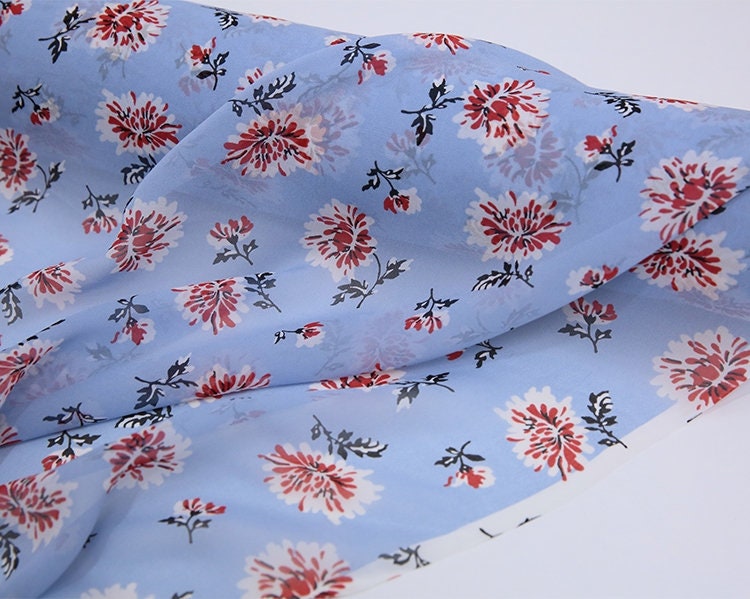 XUERHUA - 10 Momme Red Floral on Cool Blue Silk Georgette Fabric 138cm by the Yard
