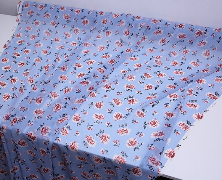 XUERHUA - 10 Momme Red Floral on Cool Blue Silk Georgette Fabric 138cm by the Yard