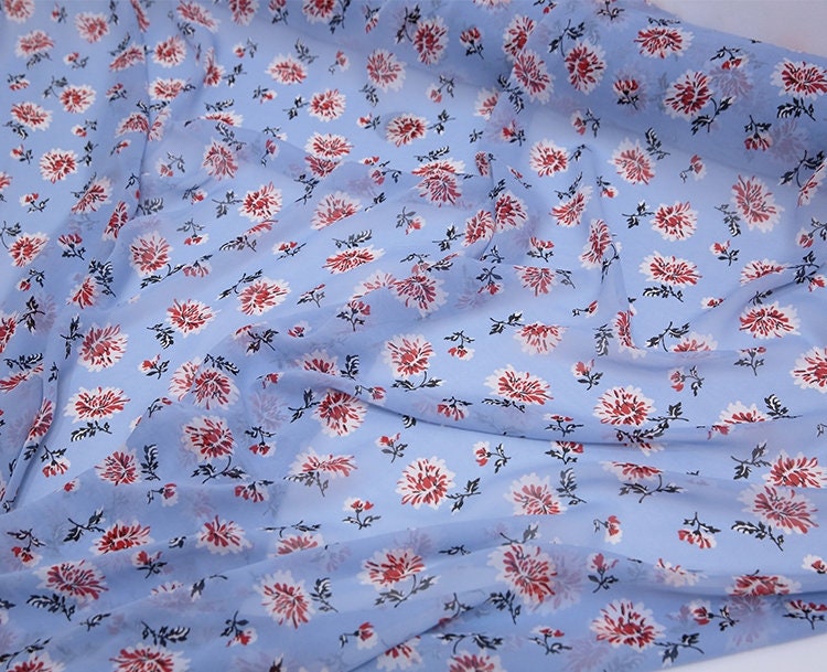 XUERHUA - 10 Momme Red Floral on Cool Blue Silk Georgette Fabric 138cm by the Yard