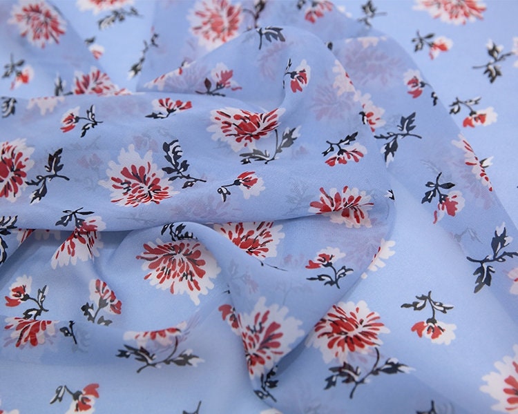XUERHUA - 10 Momme Red Floral on Cool Blue Silk Georgette Fabric 138cm by the Yard