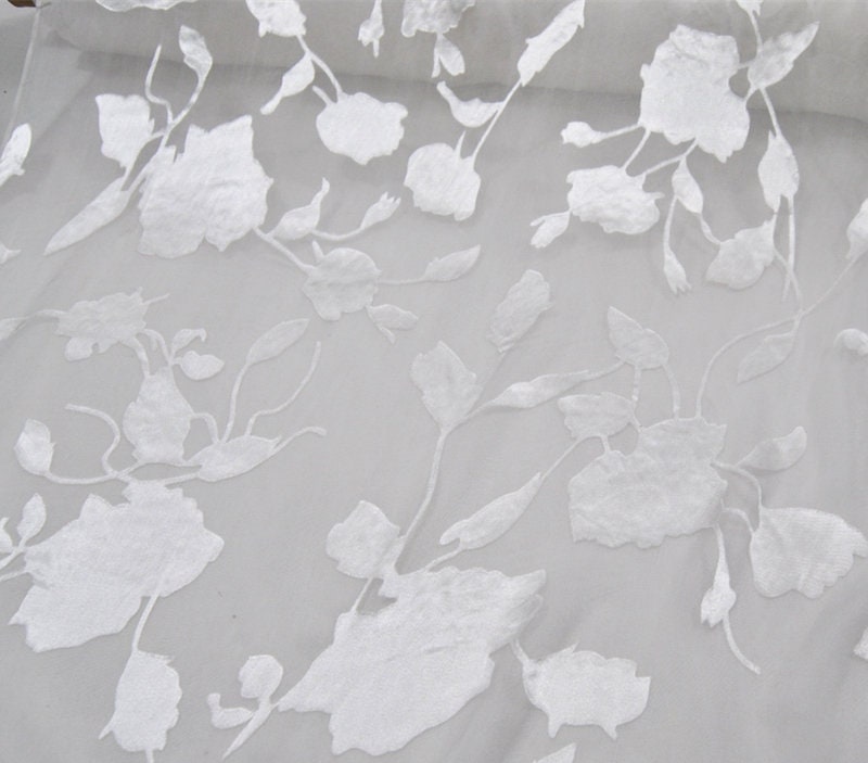 12 Momme White Flowers Sheer Burnout Silk Devore Satin Fabric - 114cm wide by the Yard