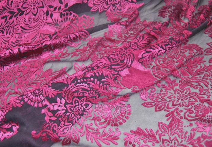 DAFANHUA - Red Floral Sheer Burnout Silk Devore Satin Fabric - 114cm wide by the Yard