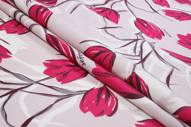 Red Tulip Print Mulberry Silk Wool Cotton Fabric - 135cm wide by the Yard