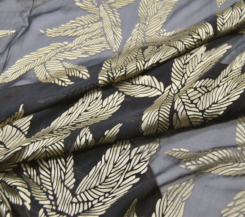 JINYEZI - Gold Leaf Black Sheer Burnout Silk Devore Satin Fabric - 140cm wide by the Yard