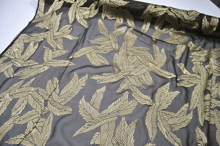 JINYEZI - Gold Leaf Black Sheer Burnout Silk Devore Satin Fabric - 140cm wide by the Yard