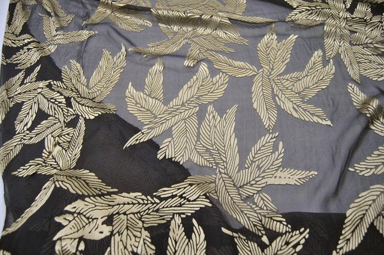JINYEZI - Gold Leaf Black Sheer Burnout Silk Devore Satin Fabric - 140cm wide by the Yard
