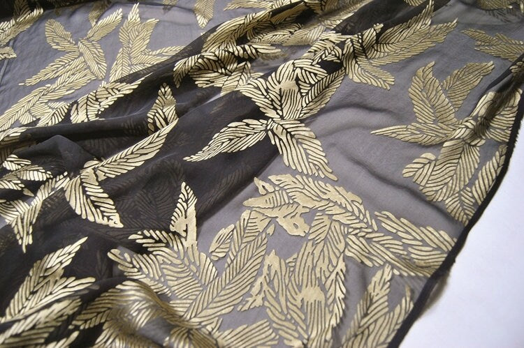 JINYEZI - Gold Leaf Black Sheer Burnout Silk Devore Satin Fabric - 140cm wide by the Yard