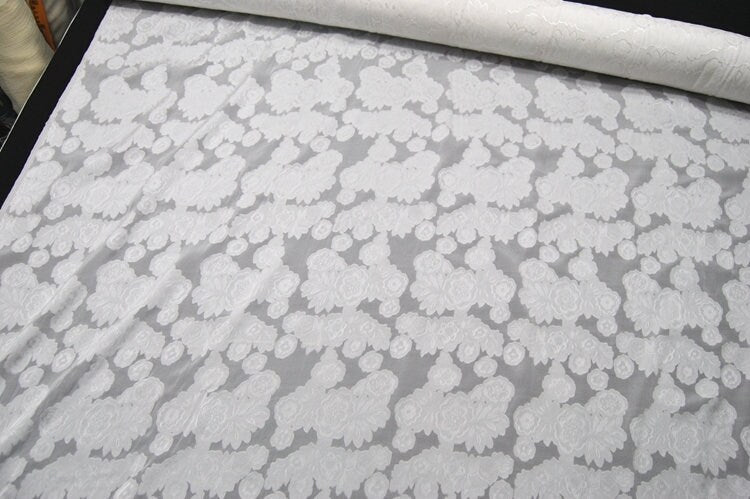 BAIQIANWEI - White Sheer Special Cut Flower Silk Burnout Fabric - 140cm wide by the Yard