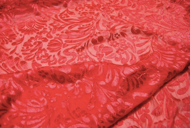 HONGDU - Red Flowers Sheer Burnout Silk Devore Satin Fabric - 114cm wide by the Yard