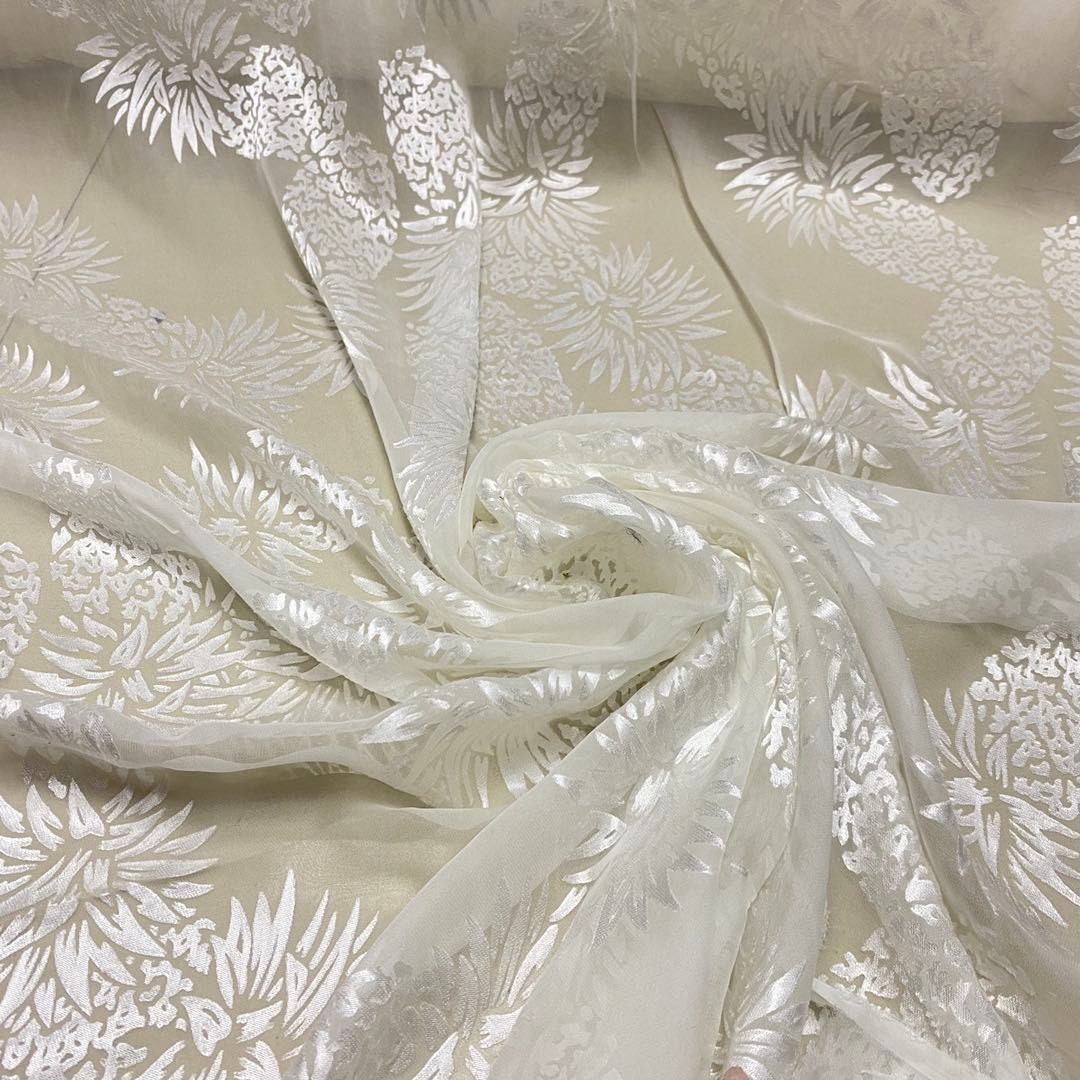 BOLUO - White Pineapple Sheer Burnout Silk Devore Satin Fabric - 138cm wide by the Yard