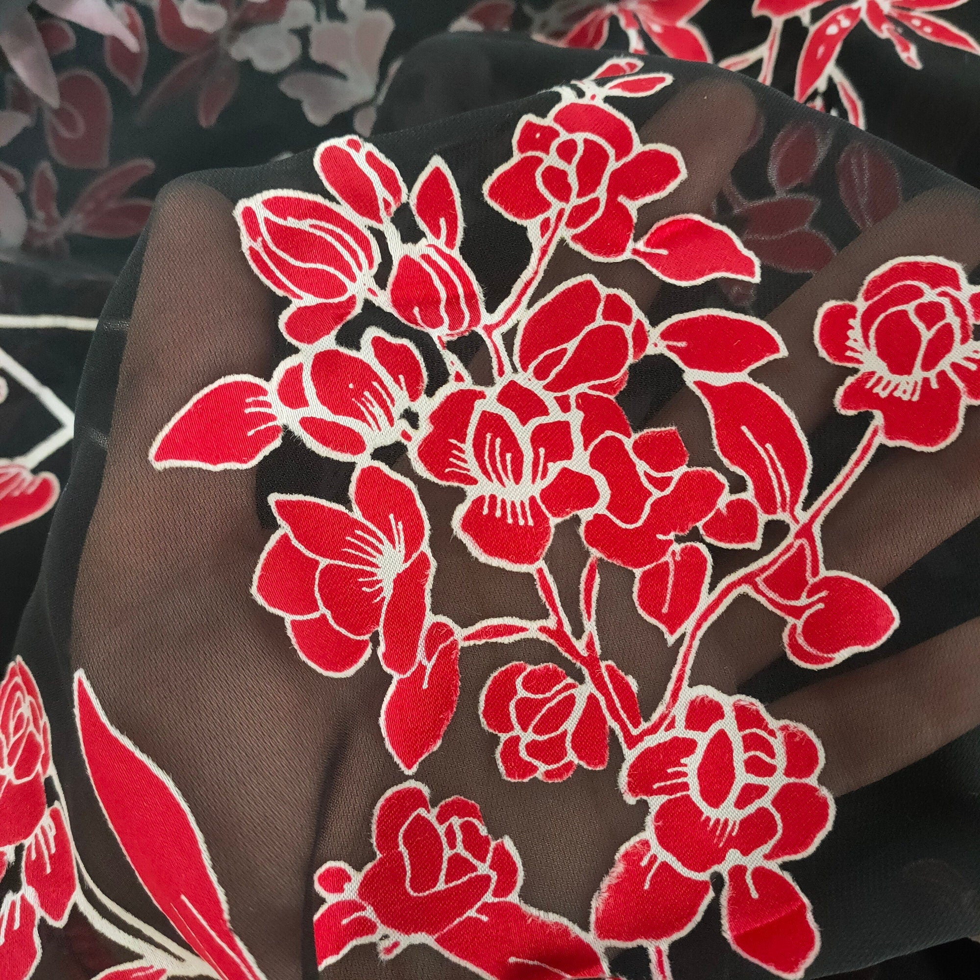 HEIDIHZ - Red Floral Sheer Burnout Silk Devore Satin Fabric - 138cm wide by the Yard