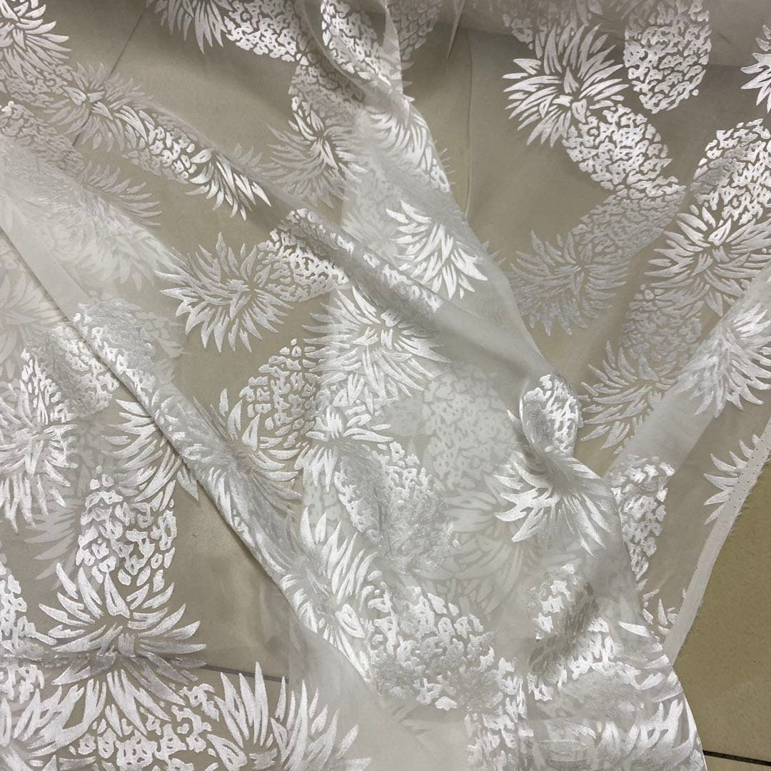 BOLUO - White Pineapple Sheer Burnout Silk Devore Satin Fabric - 138cm wide by the Yard