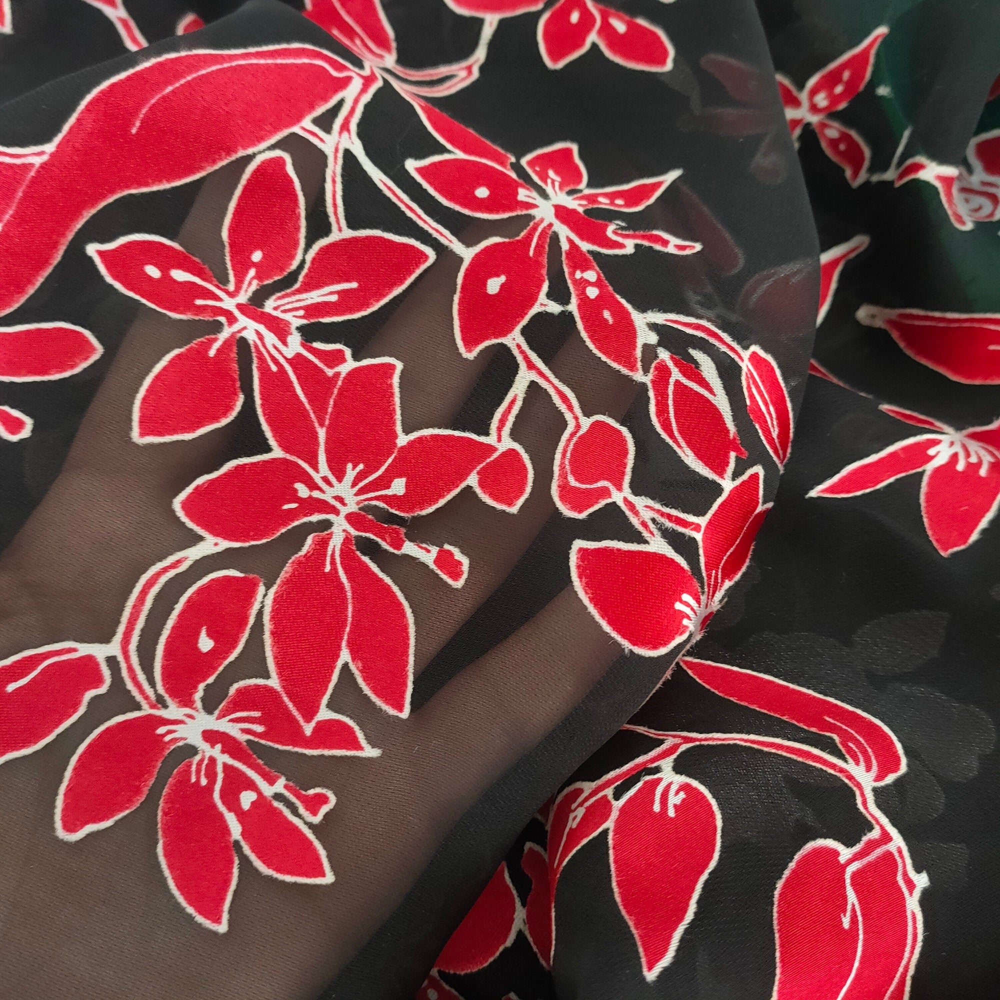 HEIDIHZ - Red Floral Sheer Burnout Silk Devore Satin Fabric - 138cm wide by the Yard