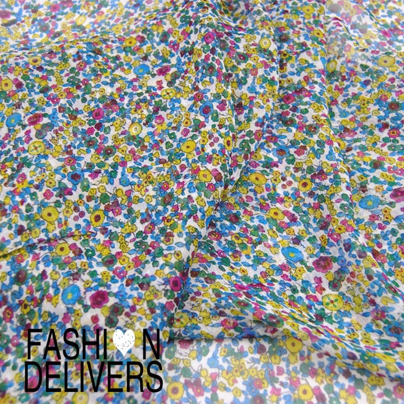 XIAOSUIHUA - 8 Momme Tiny Floral Print Crinkled Silk Georgette Fabric - 135cm wide by the Yard