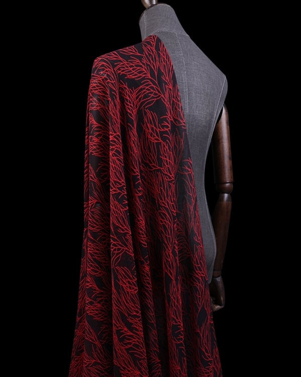HONGSHANHU - 8 Momme Red Coral Printed Black Silk Georgette Fabric - 138cm wide by the Yard
