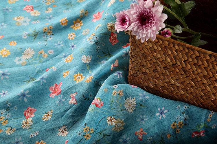 HUPAN Little Flowers Printed Blue Ramie fabric By the Yard
