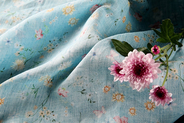 HUPAN Little Flowers Printed Blue Ramie fabric By the Yard