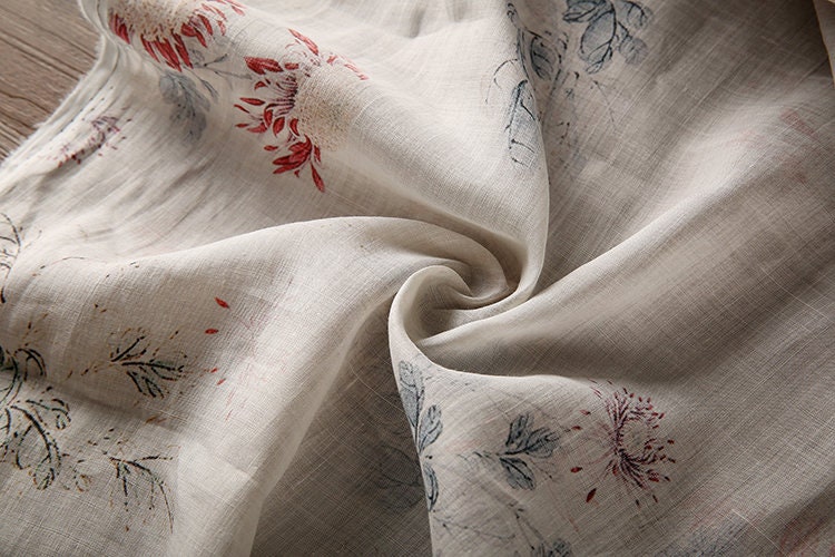 MULAN Autumn Chrysanthemum Printed Beige Ramie fabric By the Yard