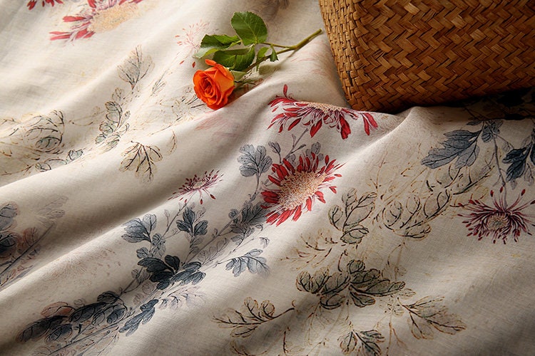 MULAN Autumn Chrysanthemum Printed Beige Ramie fabric By the Yard