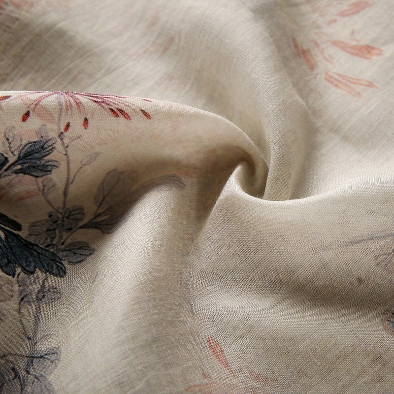 MULAN Autumn Chrysanthemum Printed Beige Ramie fabric By the Yard