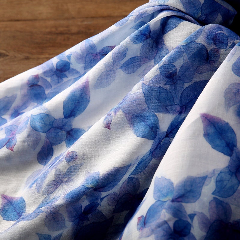 LANYOU Beautiful Indigo Leaves Printed Ramie fabric By the Yard