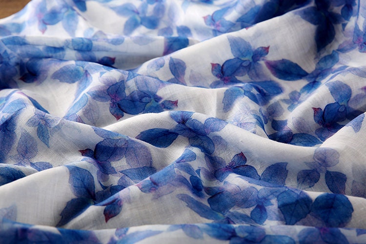 LANYOU Beautiful Indigo Leaves Printed Ramie fabric By the Yard