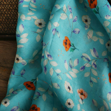 CHUXIA - Red Flowers Printed Blue 42 Thread Count Ramie Fabric - 140cm wide by the Yard