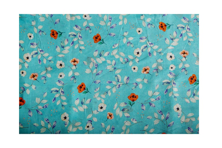CHUXIA - Red Flowers Printed Blue 42 Thread Count Ramie Fabric - 140cm wide by the Yard