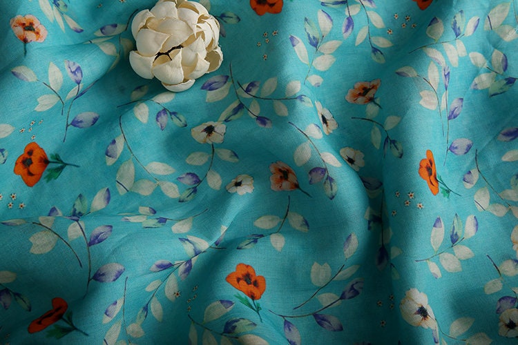 CHUXIA - Red Flowers Printed Blue 42 Thread Count Ramie Fabric - 140cm wide by the Yard