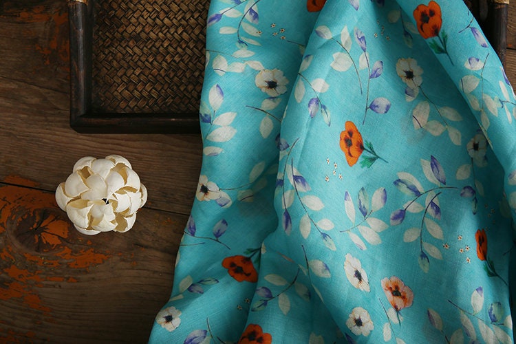 CHUXIA - Red Flowers Printed Blue 42 Thread Count Ramie Fabric - 140cm wide by the Yard