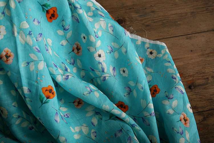 CHUXIA - Red Flowers Printed Blue 42 Thread Count Ramie Fabric - 140cm wide by the Yard