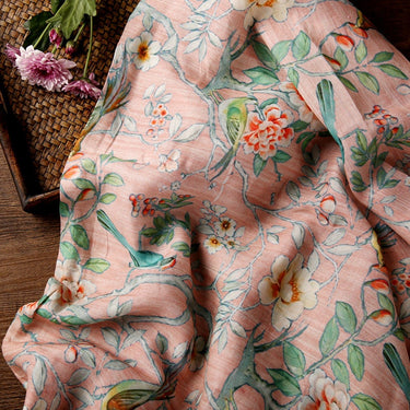 HUAGYING Bilttle Bird Floral Print Vintage Peach Pink Ramie fabric for designers By the Yard