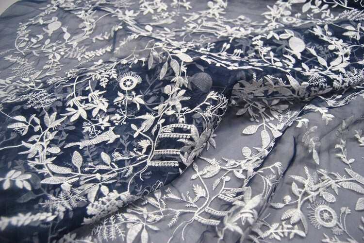 XIAOSUI - White Embroidered Silk Organza Fabric - 130cm wide by the Yard