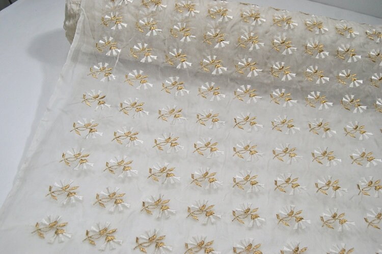 Beautiful flower Embroidered Silk Organza Fabric-By the Yard