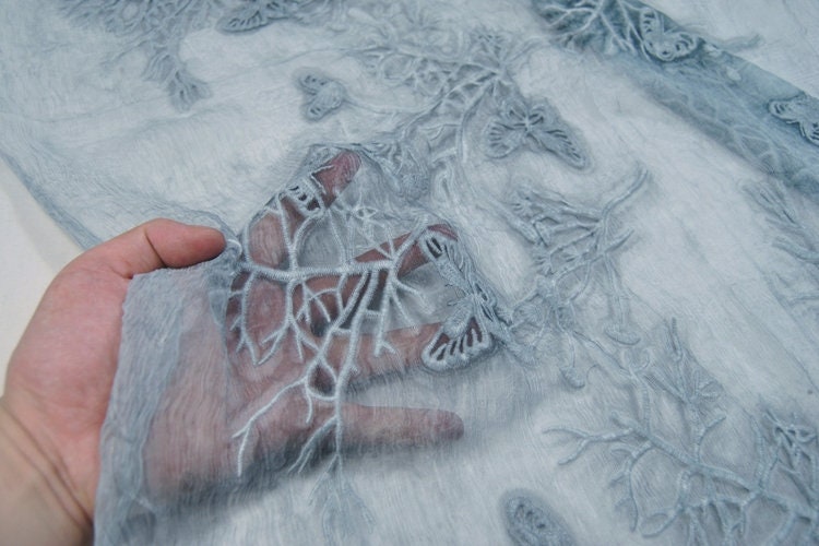 Plants Dyed Crinkled Silk Georgette Fabric/Butterfly Embroidery silk fabric by the Yard