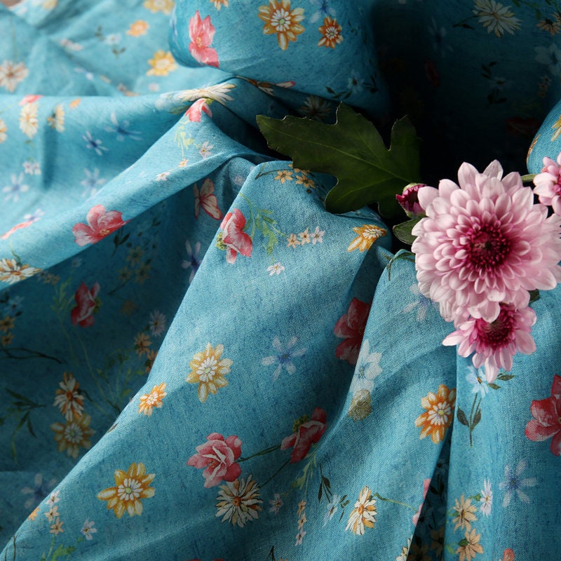 HUPAN Little Flowers Printed Blue Ramie fabric By the Yard