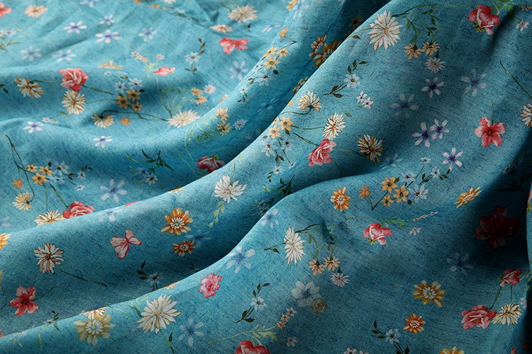 HUPAN Little Flowers Printed Blue Ramie fabric By the Yard