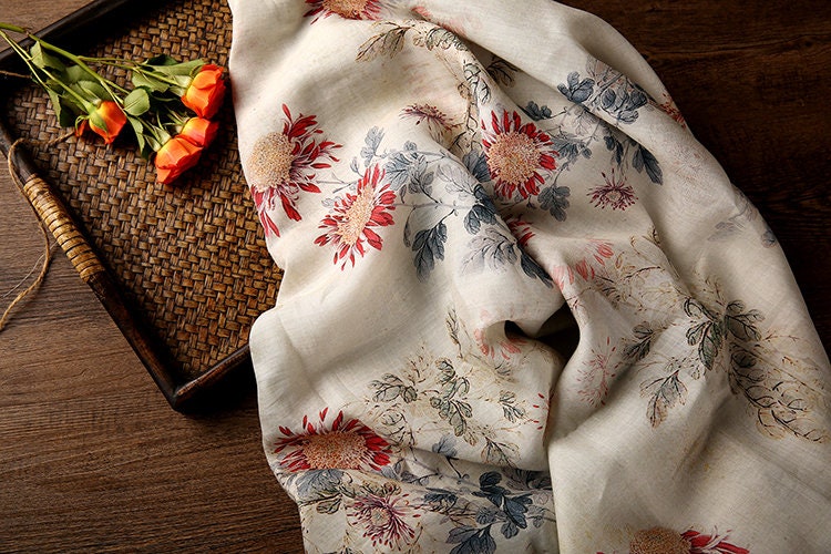 MULAN Autumn Chrysanthemum Printed Beige Ramie fabric By the Yard