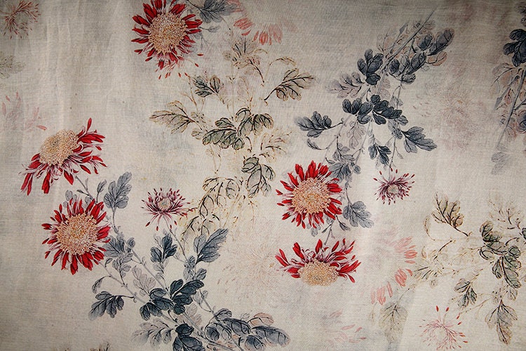 MULAN Autumn Chrysanthemum Printed Beige Ramie fabric By the Yard