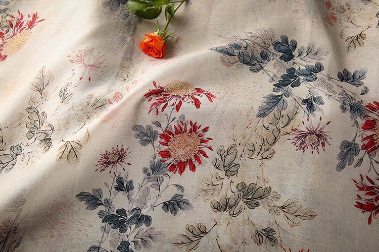 MULAN Autumn Chrysanthemum Printed Beige Ramie fabric By the Yard