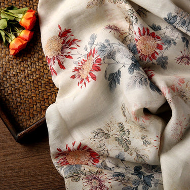 MULAN Autumn Chrysanthemum Printed Beige Ramie fabric By the Yard