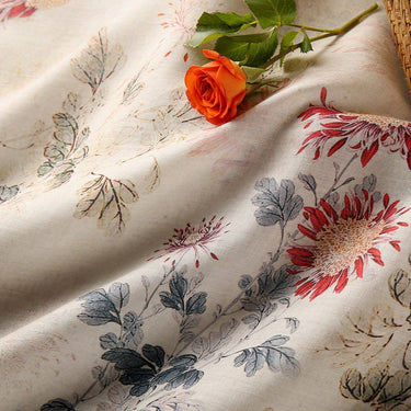 MULAN Autumn Chrysanthemum Printed Beige Ramie fabric By the Yard